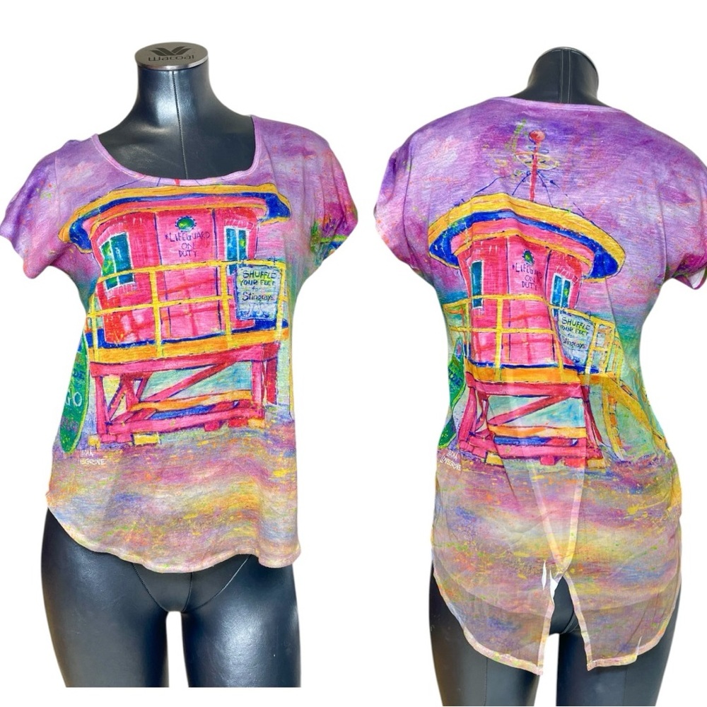 Leoma Lovegrove Colorful Beach Lifeguard Graphic Tee Top Burnout Coastal Medium